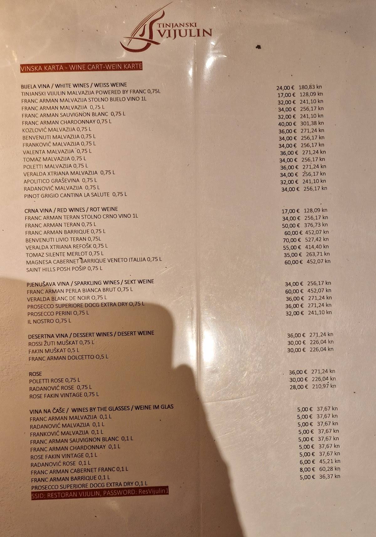 Menu di Tinjanski Vijulin Restaurant Pizzeria 