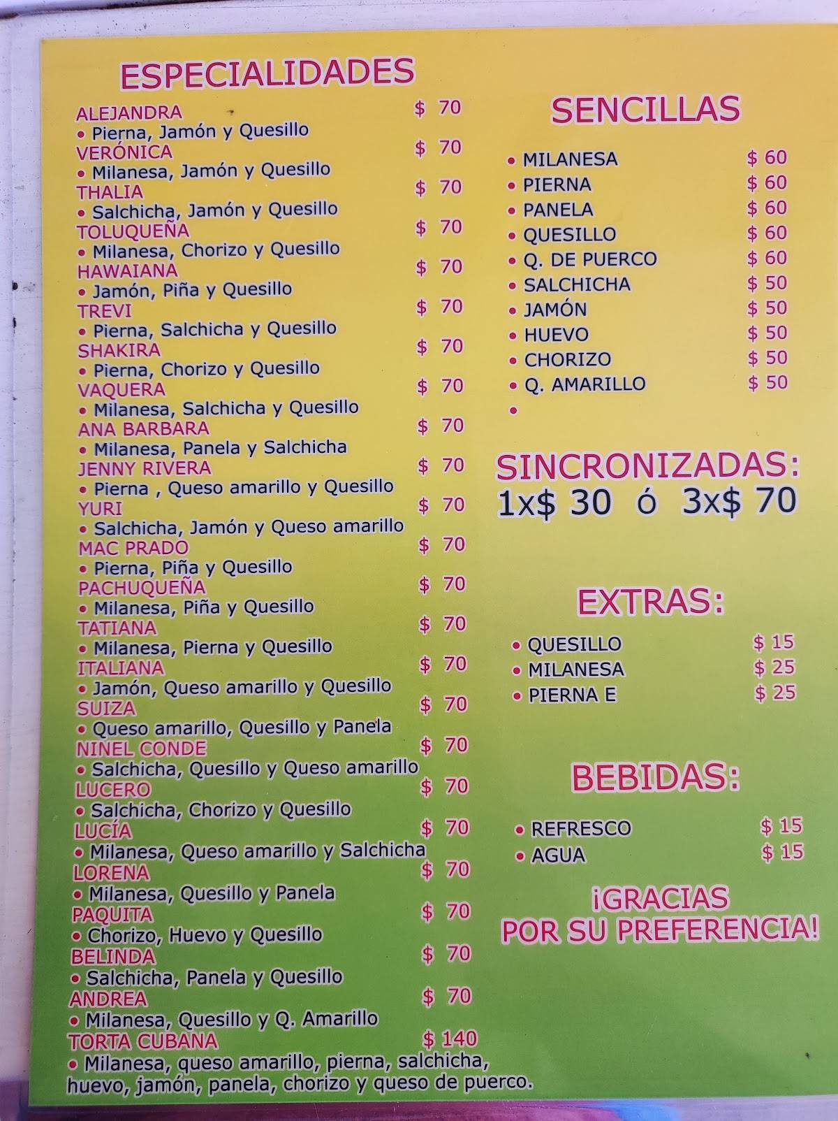 Carta del restaurante Tortas Mac Prado's IMSS No. 1, Villa del Álvarez