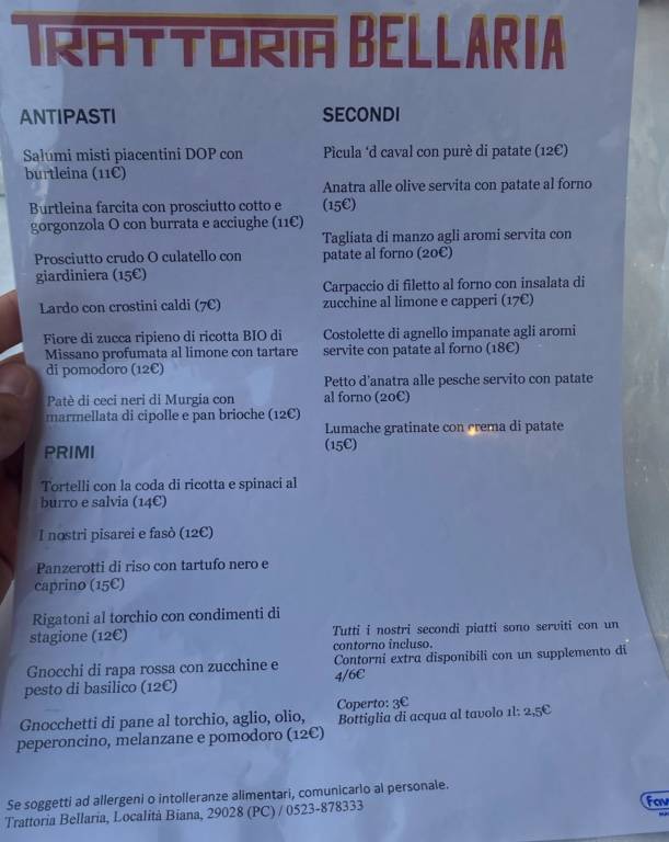 Menu di Trattoria Bellaria 