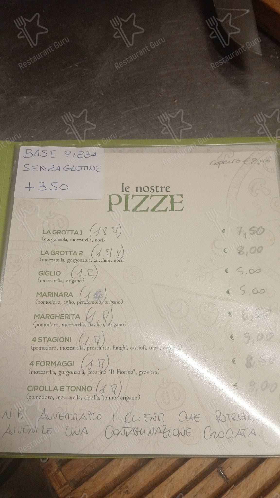 Menu pour Trattoria Pizzeria La Grotta Di Lorenzoni Lucia - plats et boissons