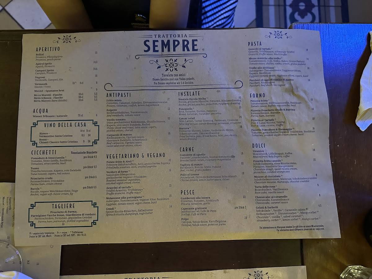 Menu di Trattoria Sempre Zürich 