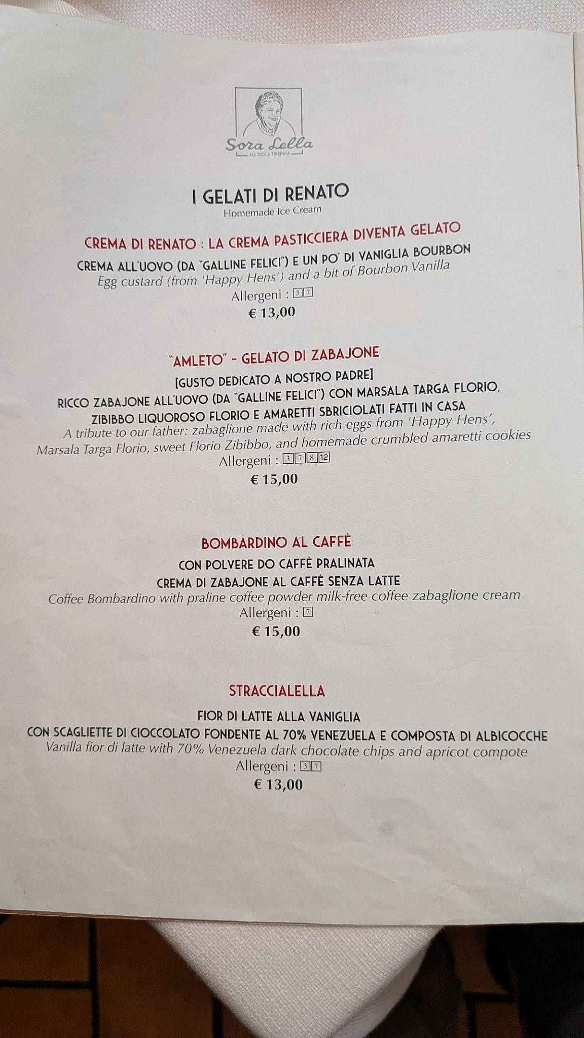 Menu di Trattoria Sora Lella 
