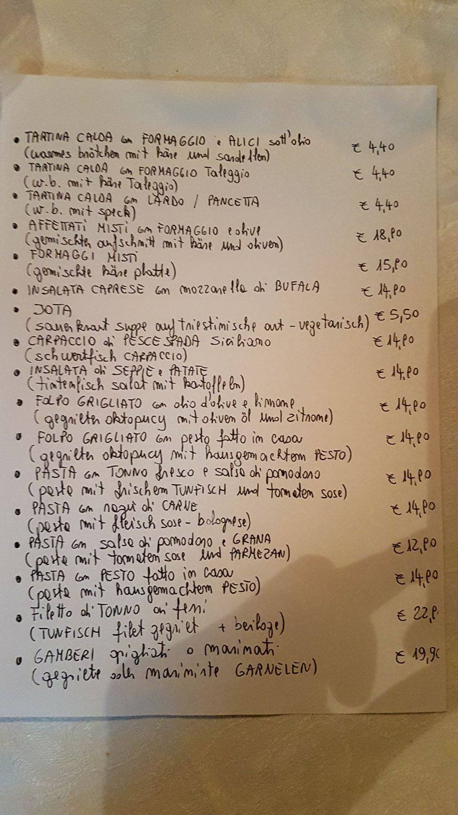 Speisekarte von Trattoria Triestina restaurant, Wien, Heiligenstädter