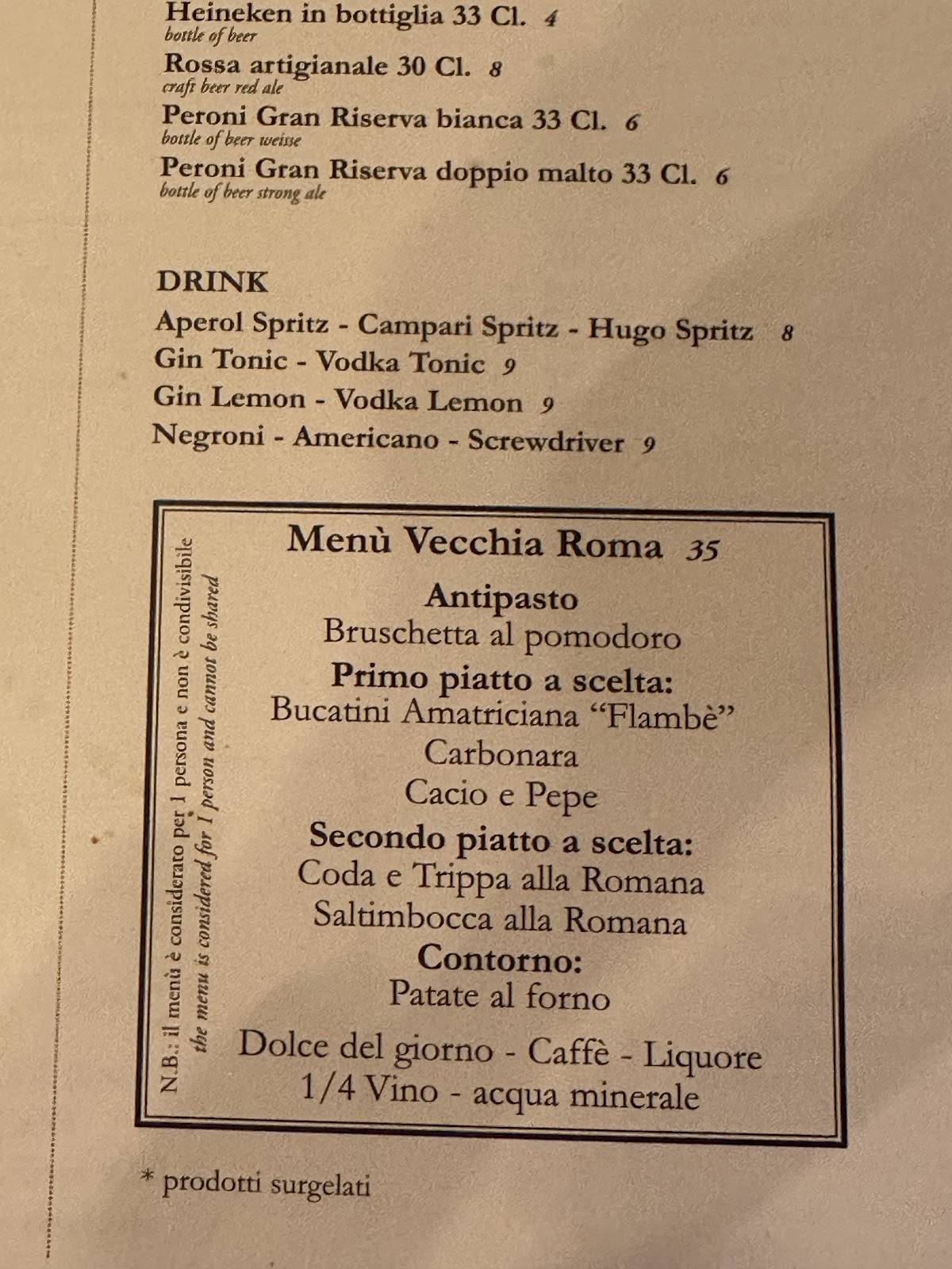 Menu di Trattoria Vecchia Roma 