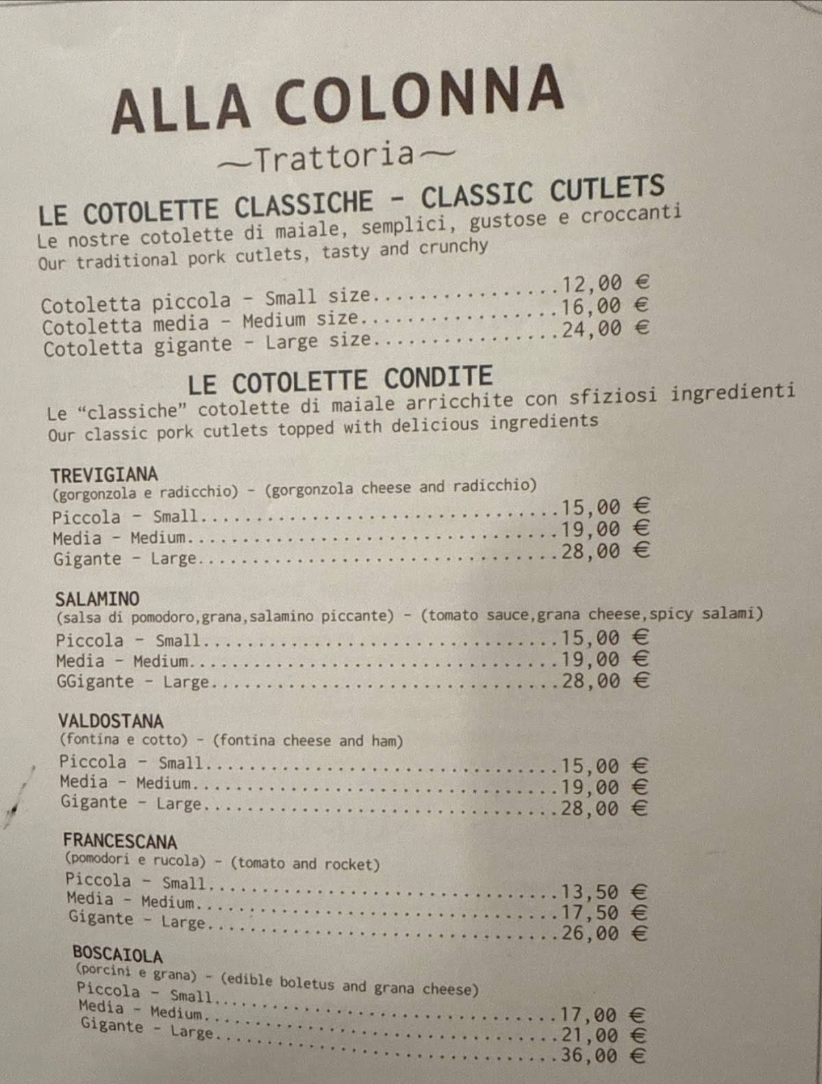 Menu di Trattoria alla Colonna 
