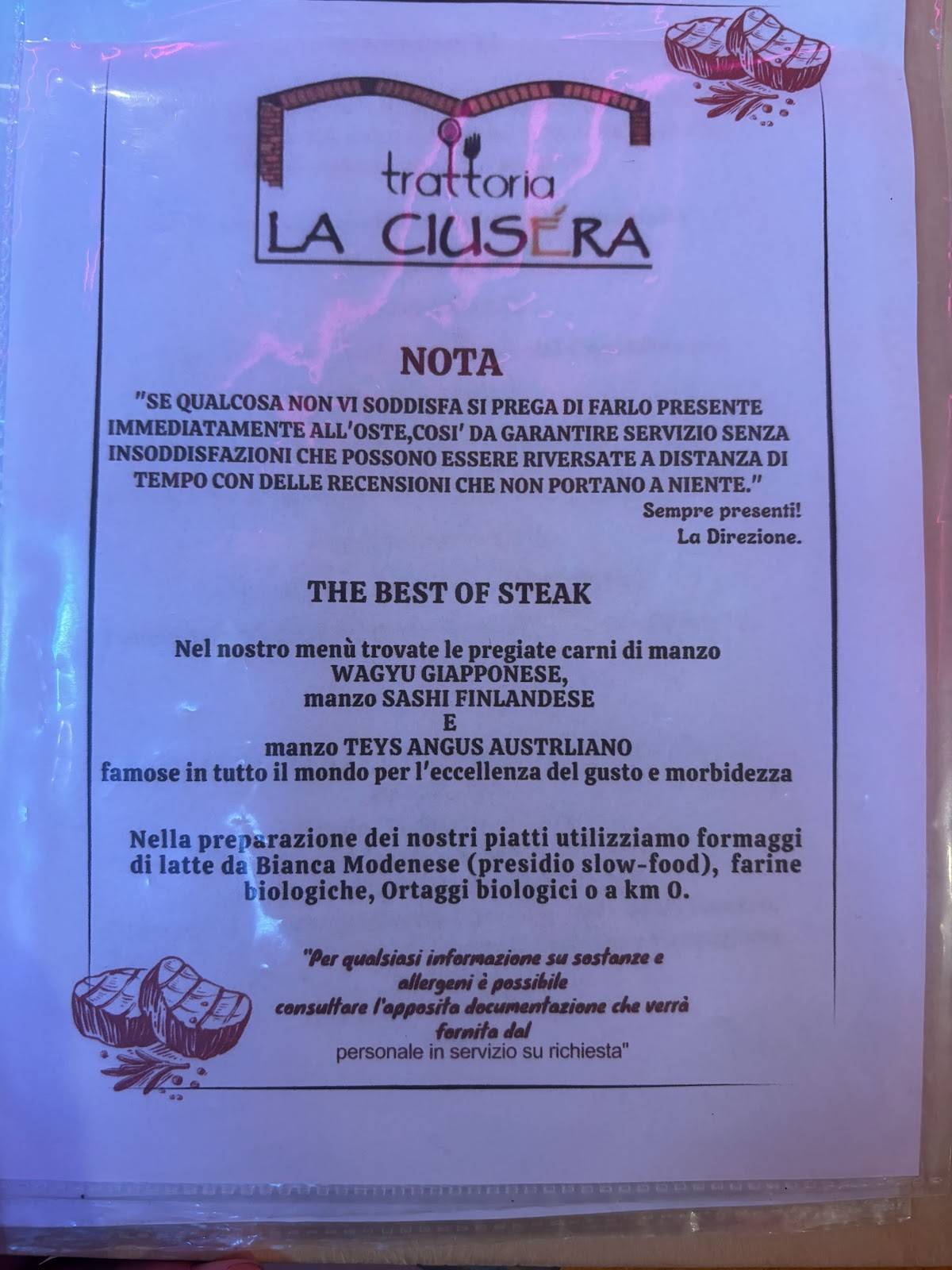 Menu di Trattoria la Ciuséra 