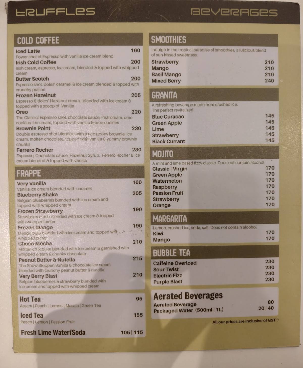 Truffles St. Marks menu