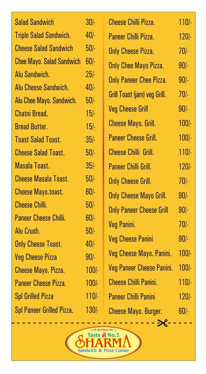 Sharma Sandwich & Pizza Corner menu
