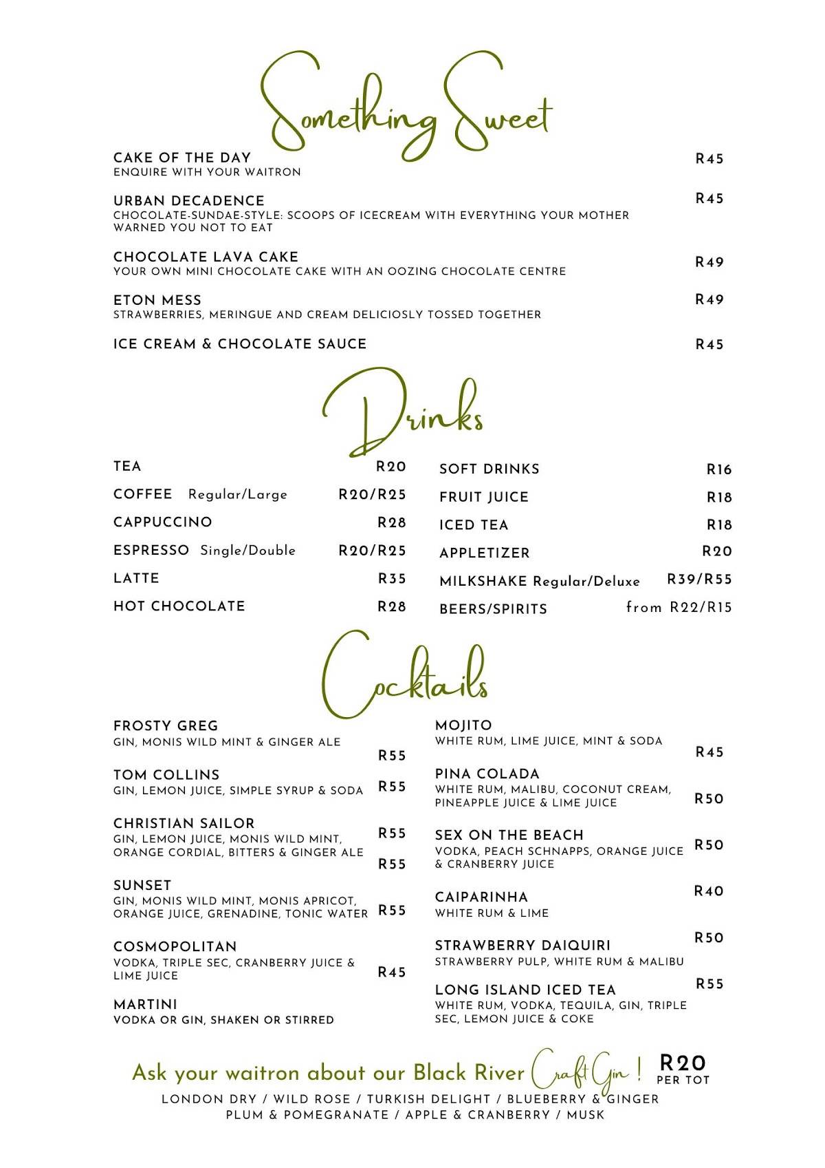 Menu at Urban Vines bistro and vineyard restaurant, Vanderbijlpark