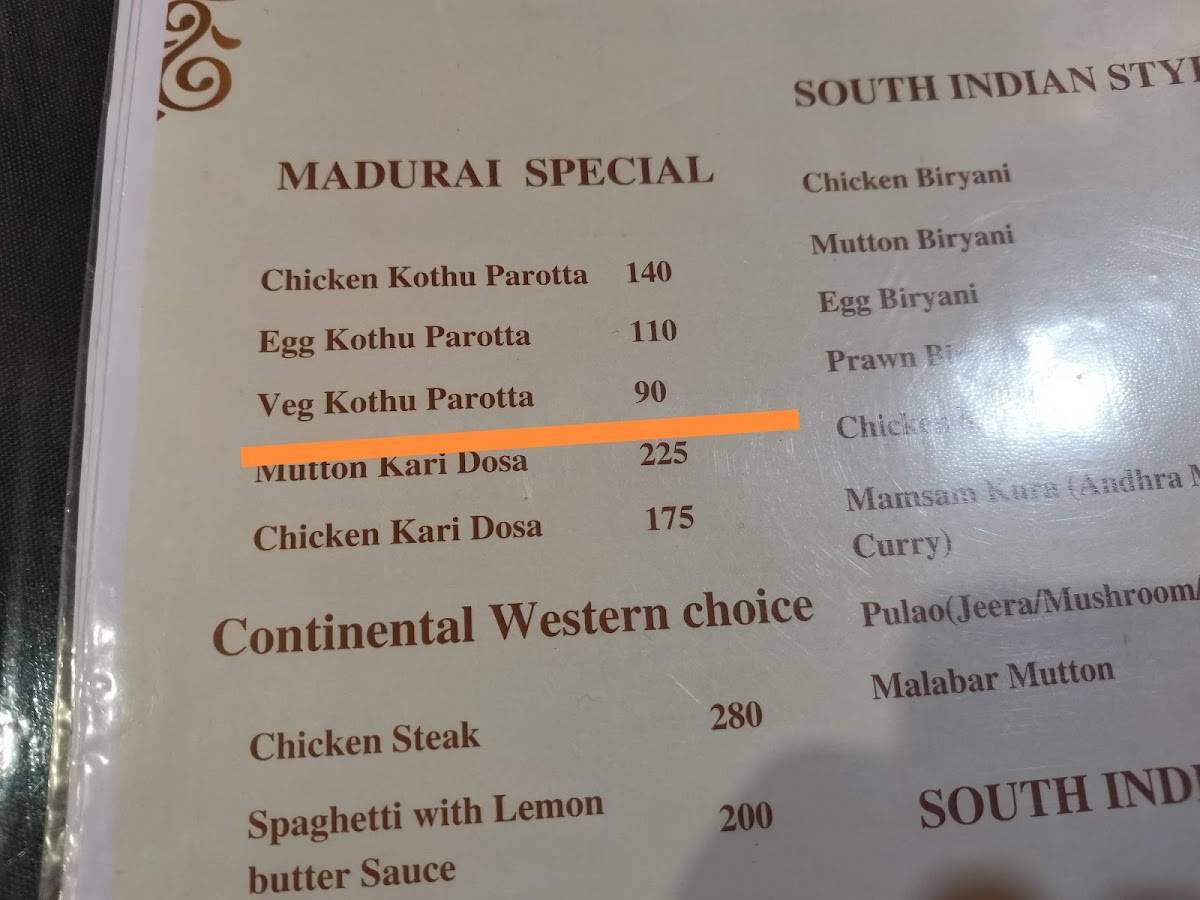 VOLGA BAR ~ MADURAI menu