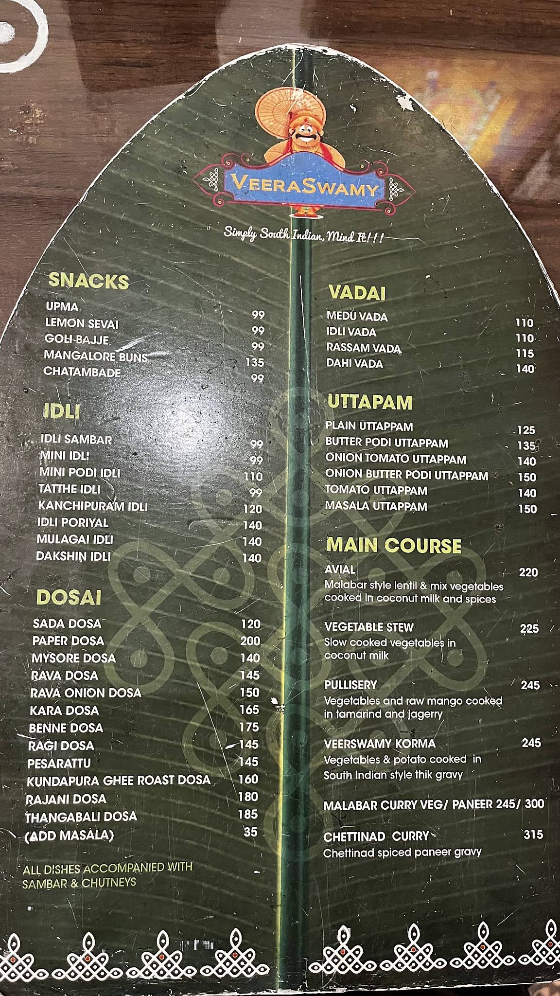 Veeraswamy Simply South Indian menu