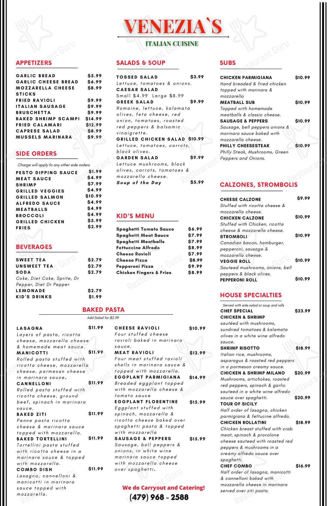 Menu at Venezia's Pizza & Pasta restaurant, Russellville