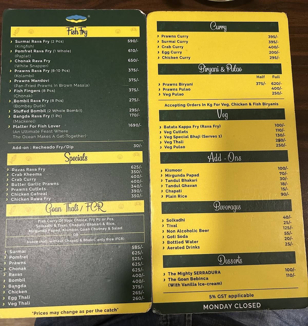 Vernekars' Goan Fish Curry menu