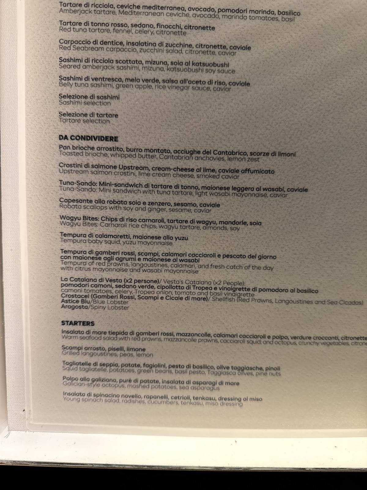 Menu di Vesta Milano 
