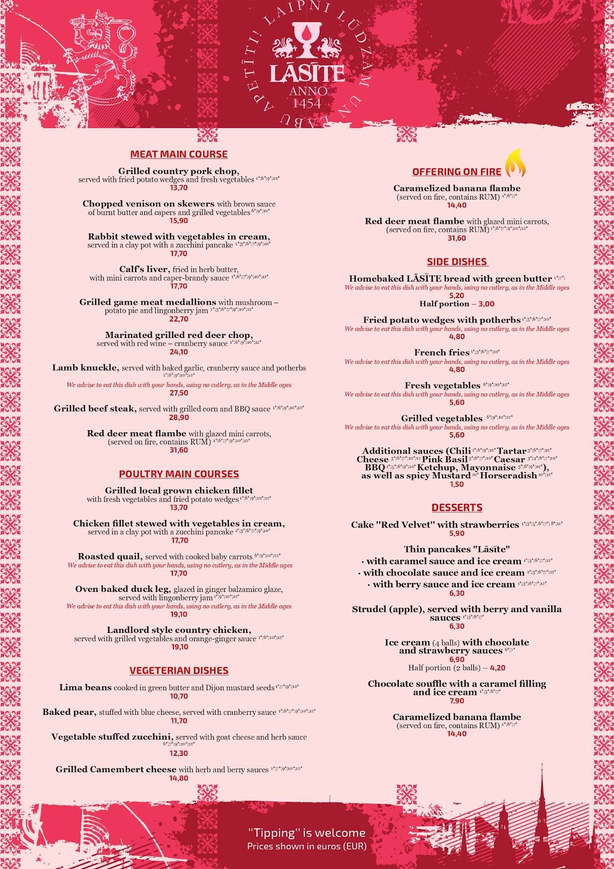 Viduslaiku restorāns LĀSĪTE menu