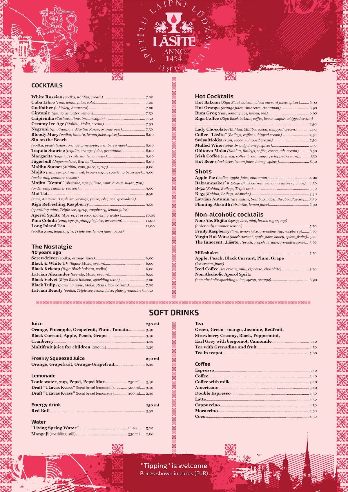 Viduslaiku restorāns LĀSĪTE menu