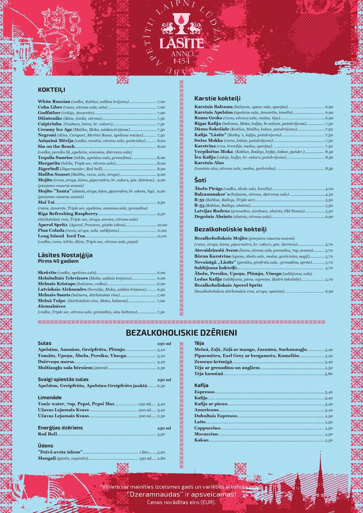 Viduslaiku restorāns LĀSĪTE menu
