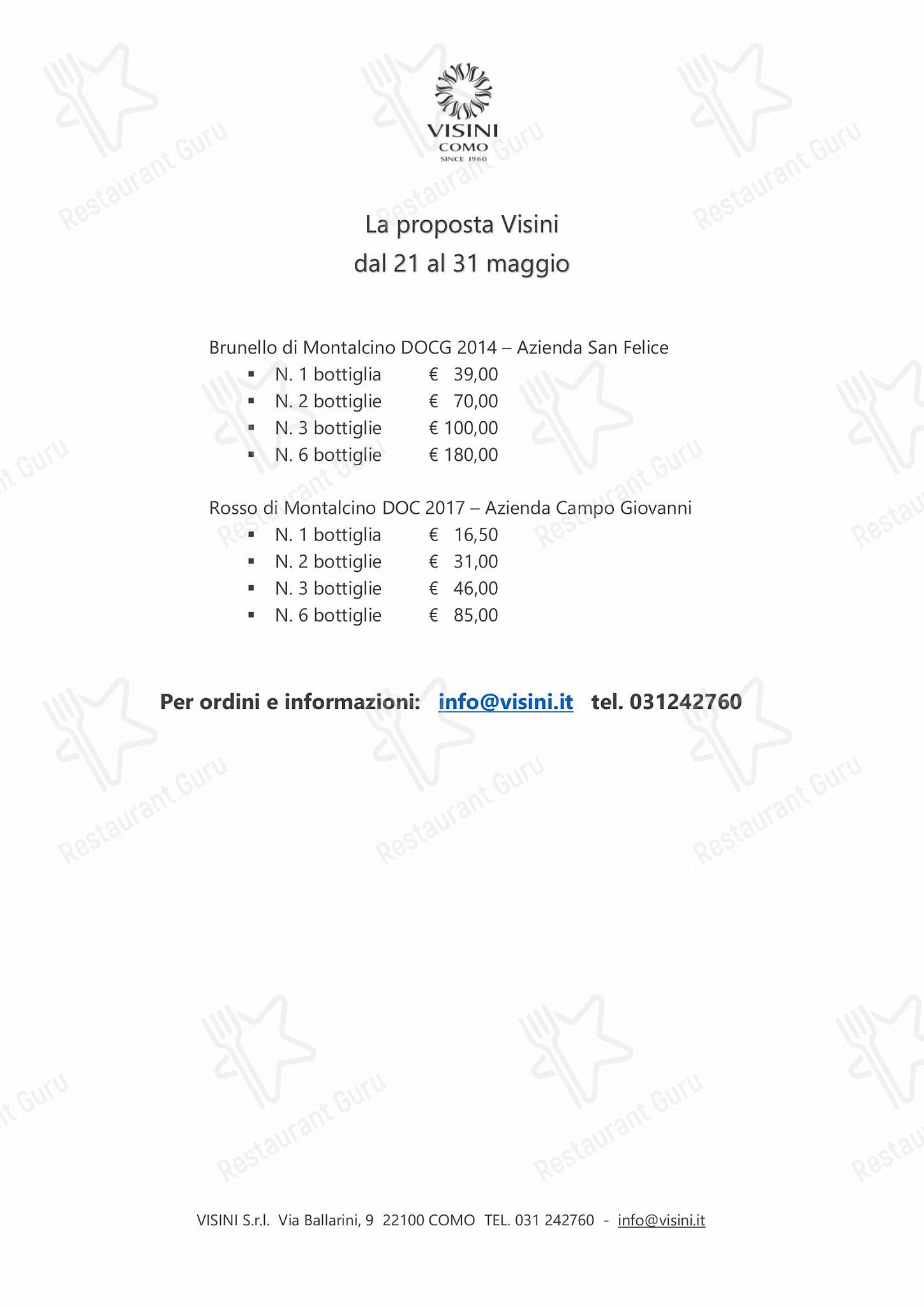 Visini Como in Como - 菜单