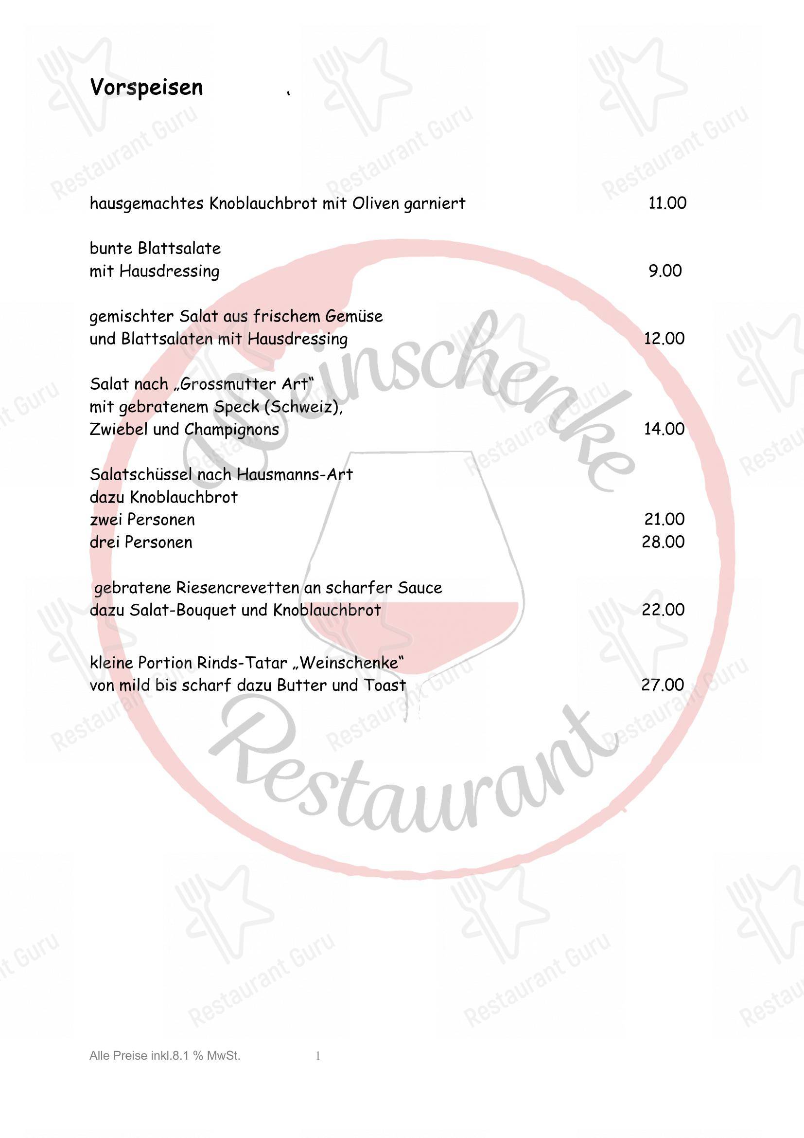 Menu di Weinschenke - Menu