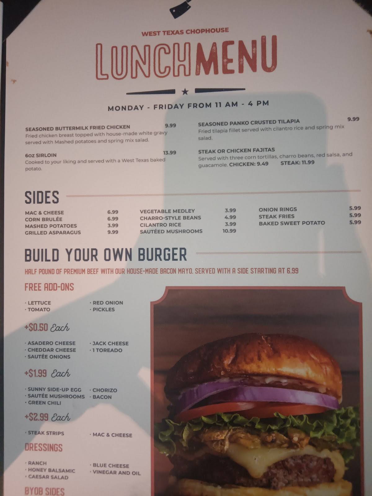 Menu at West Texas Chophouse Cimarron steakhouse, El Paso