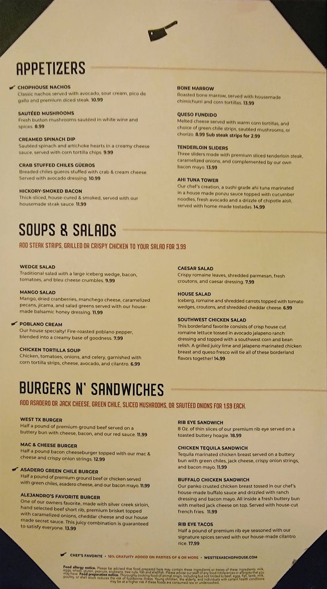 Menu at West Texas Chophouse steakhouse, El Paso