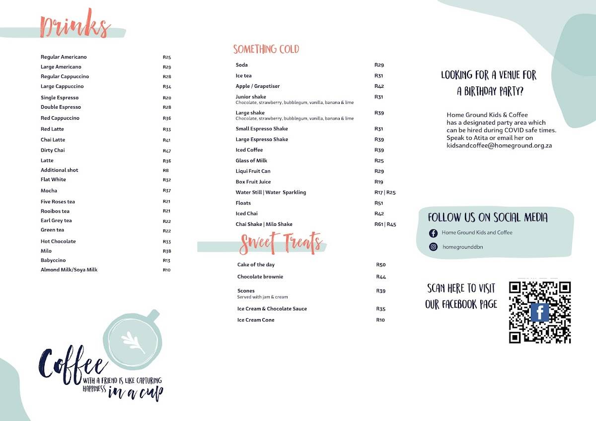 Menu at Home Ground Kids & Coffee cafe, Westville