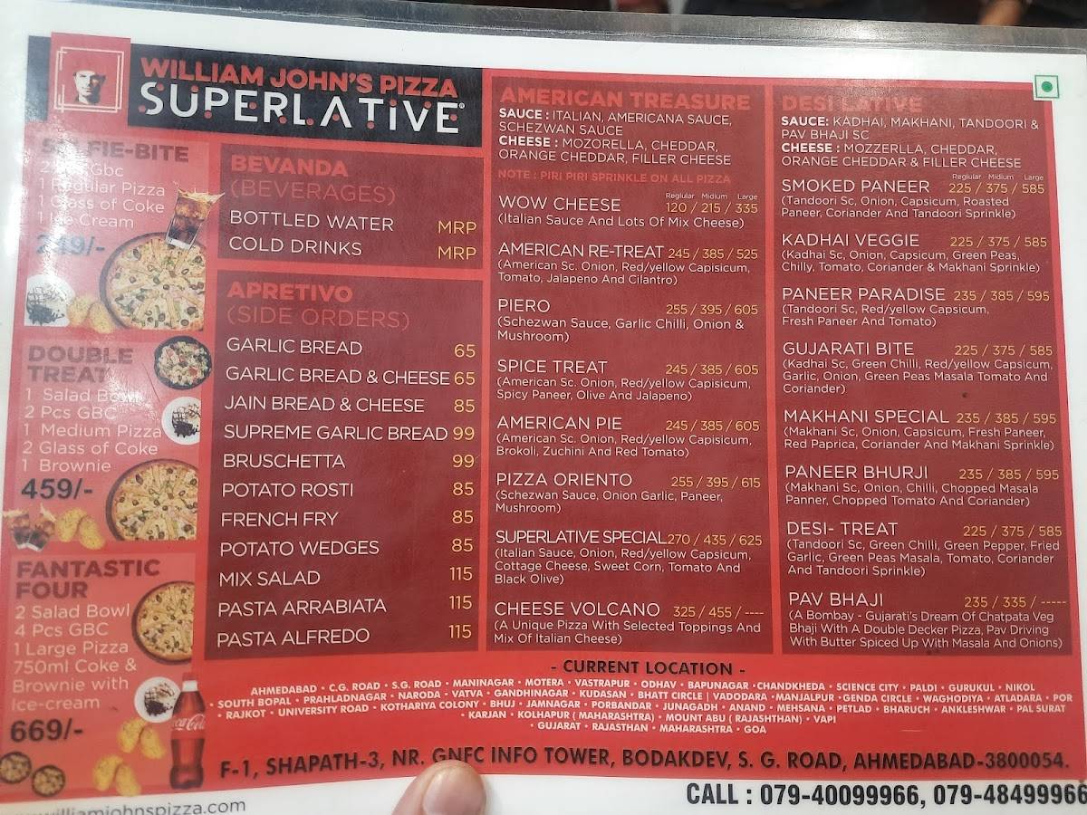 Menu at William John's Pizza Superlative Sindhu Bhavan, Ahmedabad