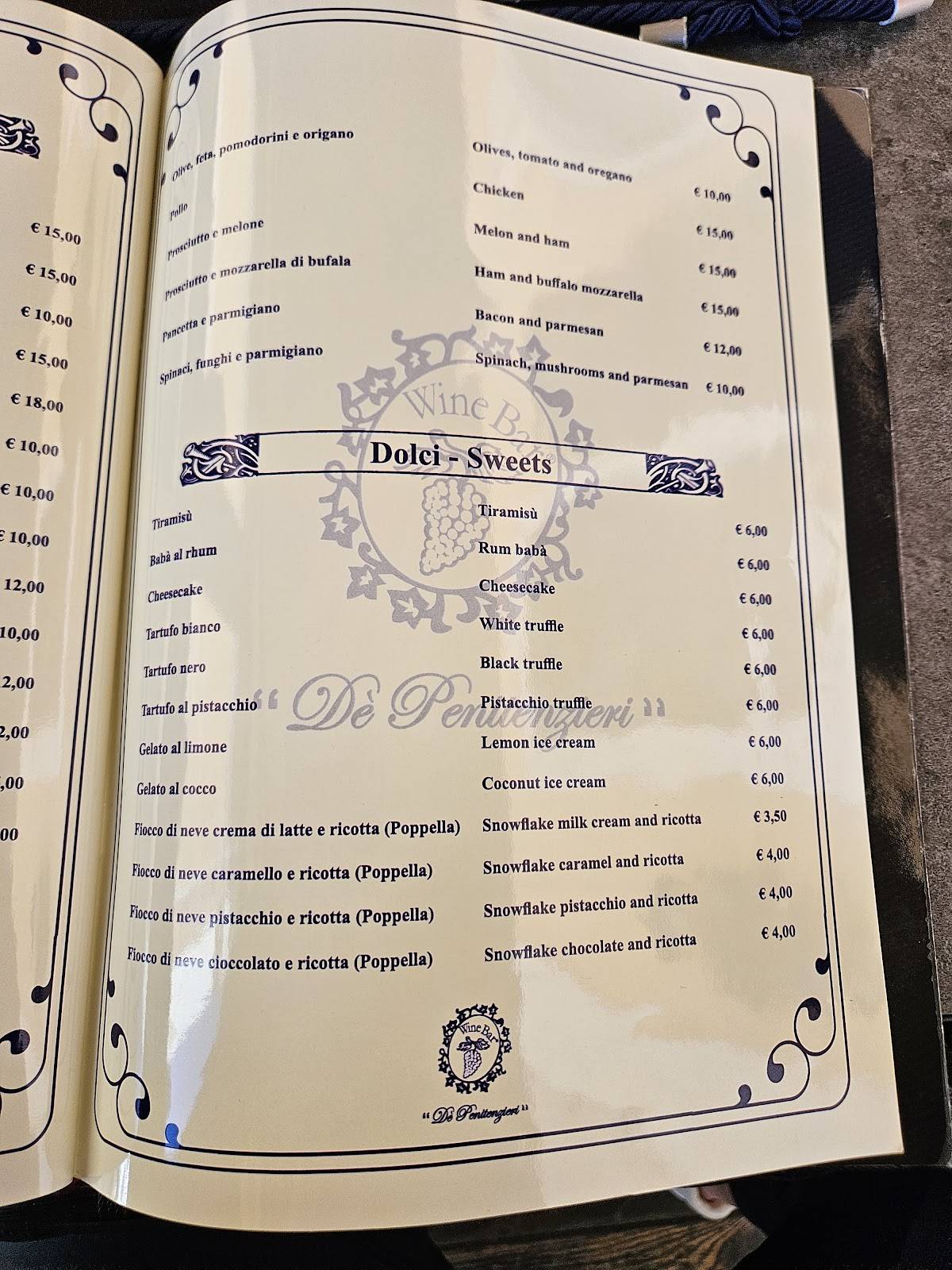 Menu di Wine Bar De' Penitenzieri 