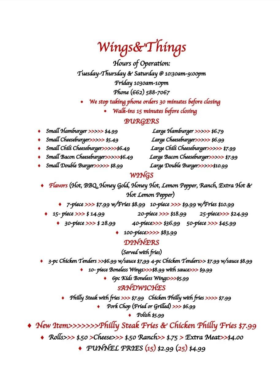 Menu at WingsNThings Ruleville MS restaurant, Ruleville