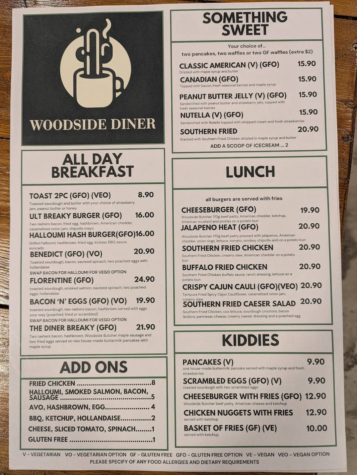 Menu at Woodside Diner fast food, Woodside