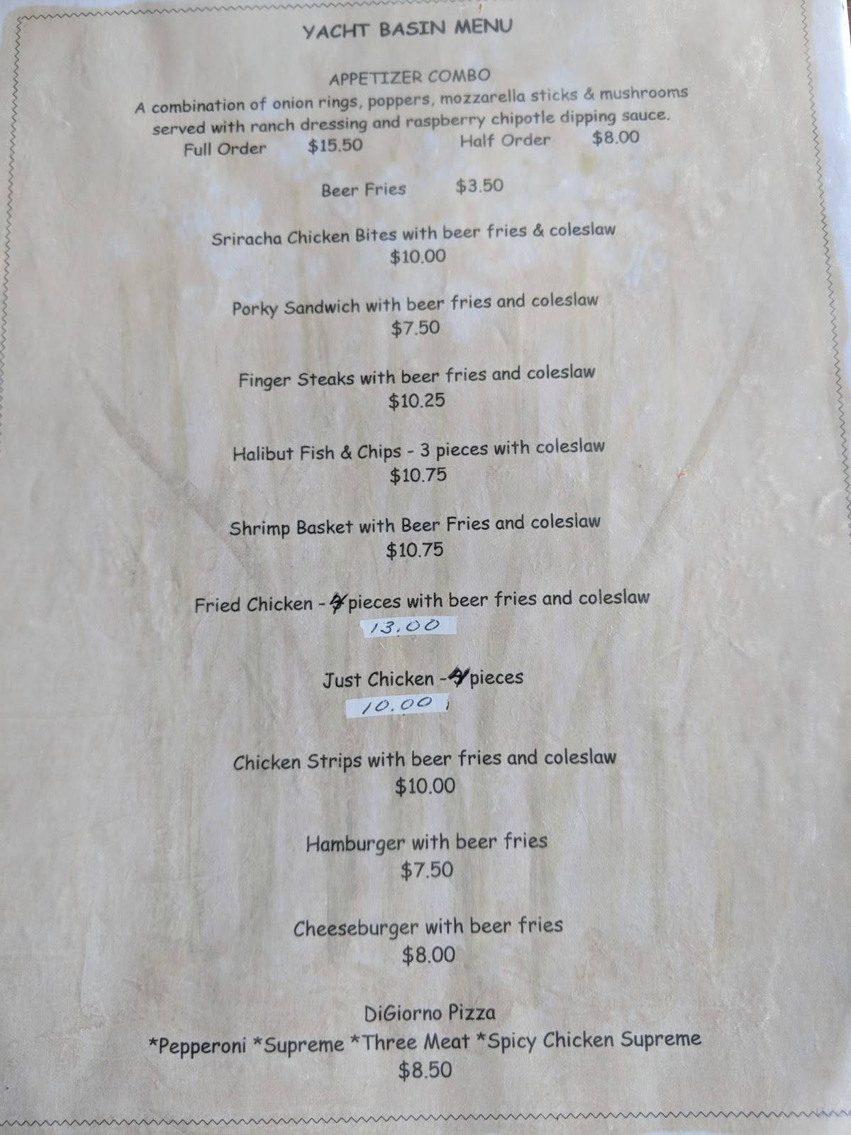 Yacht Basin Bar & Restaurant menu