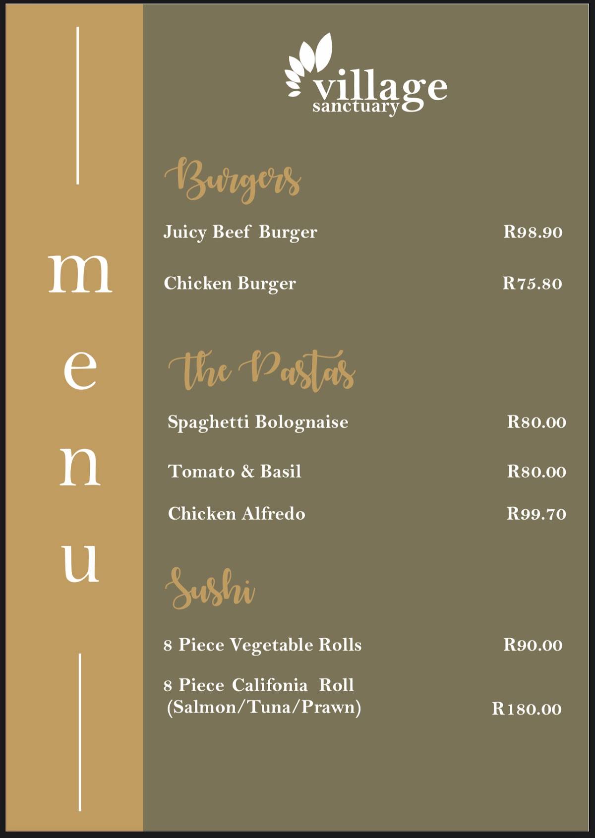 Menu at Village Sanctuary restaurant, Zebediela