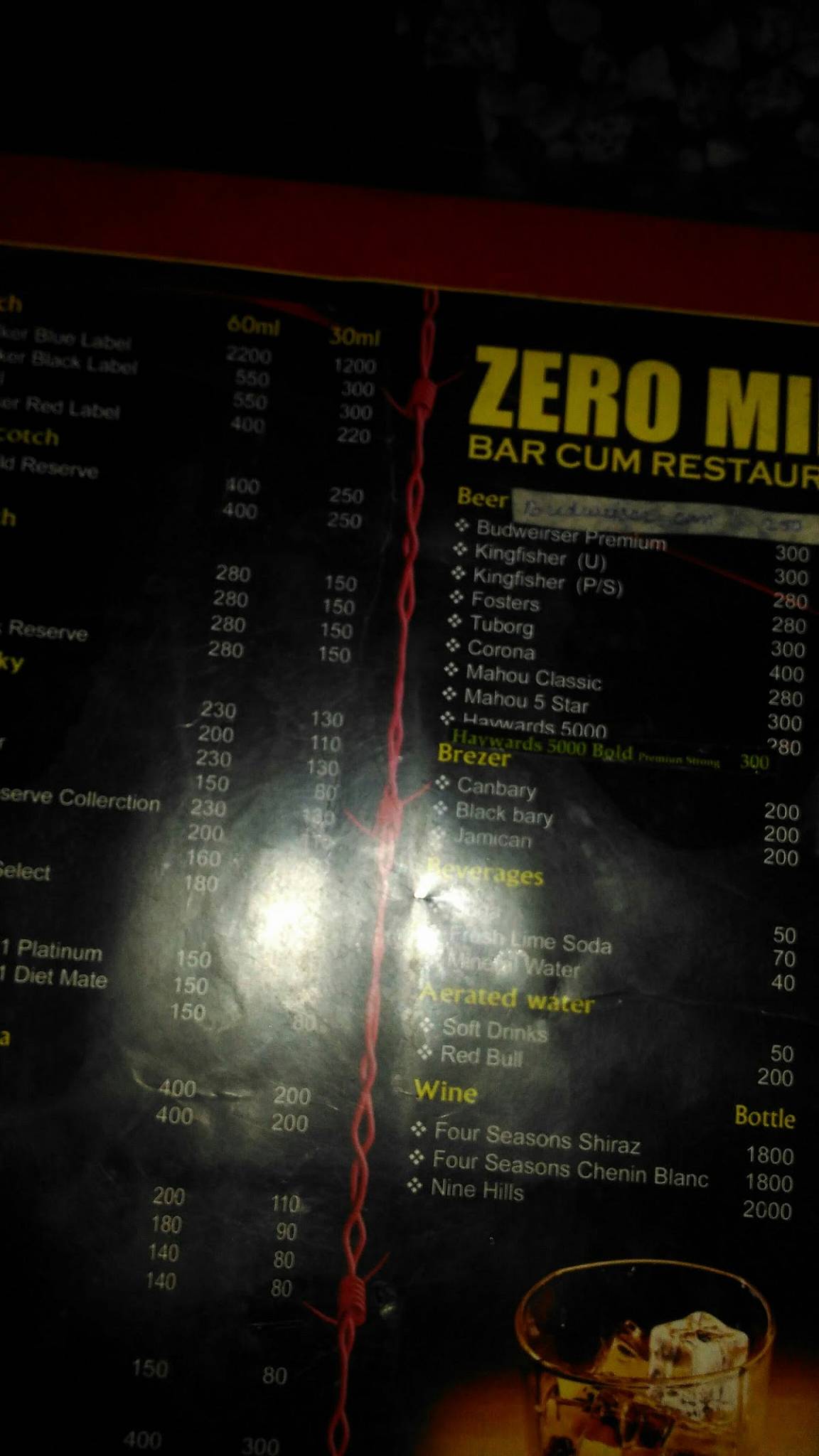 Zero Mile menu