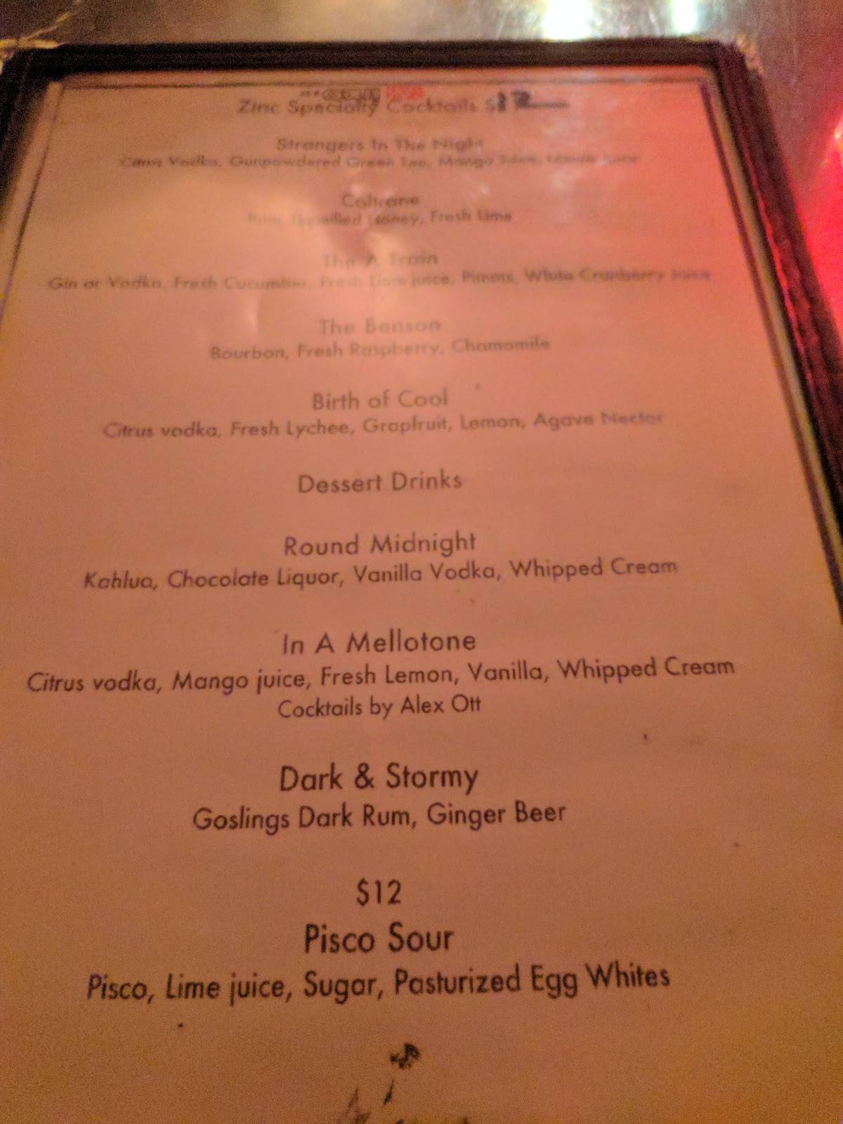 Menu at Zinc Bar, New York City