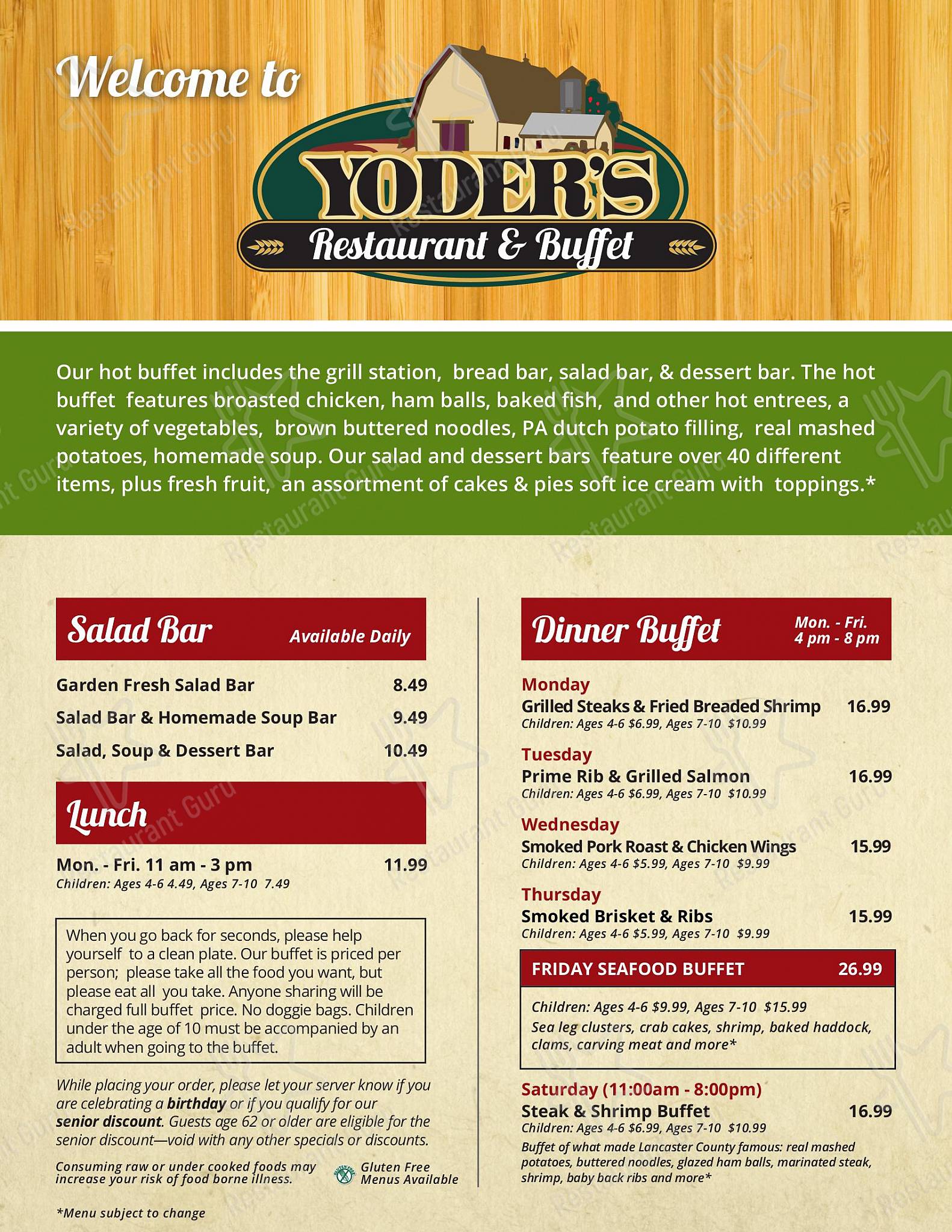 Menu at Yoder's Restaurant & Buffet, New Holland
