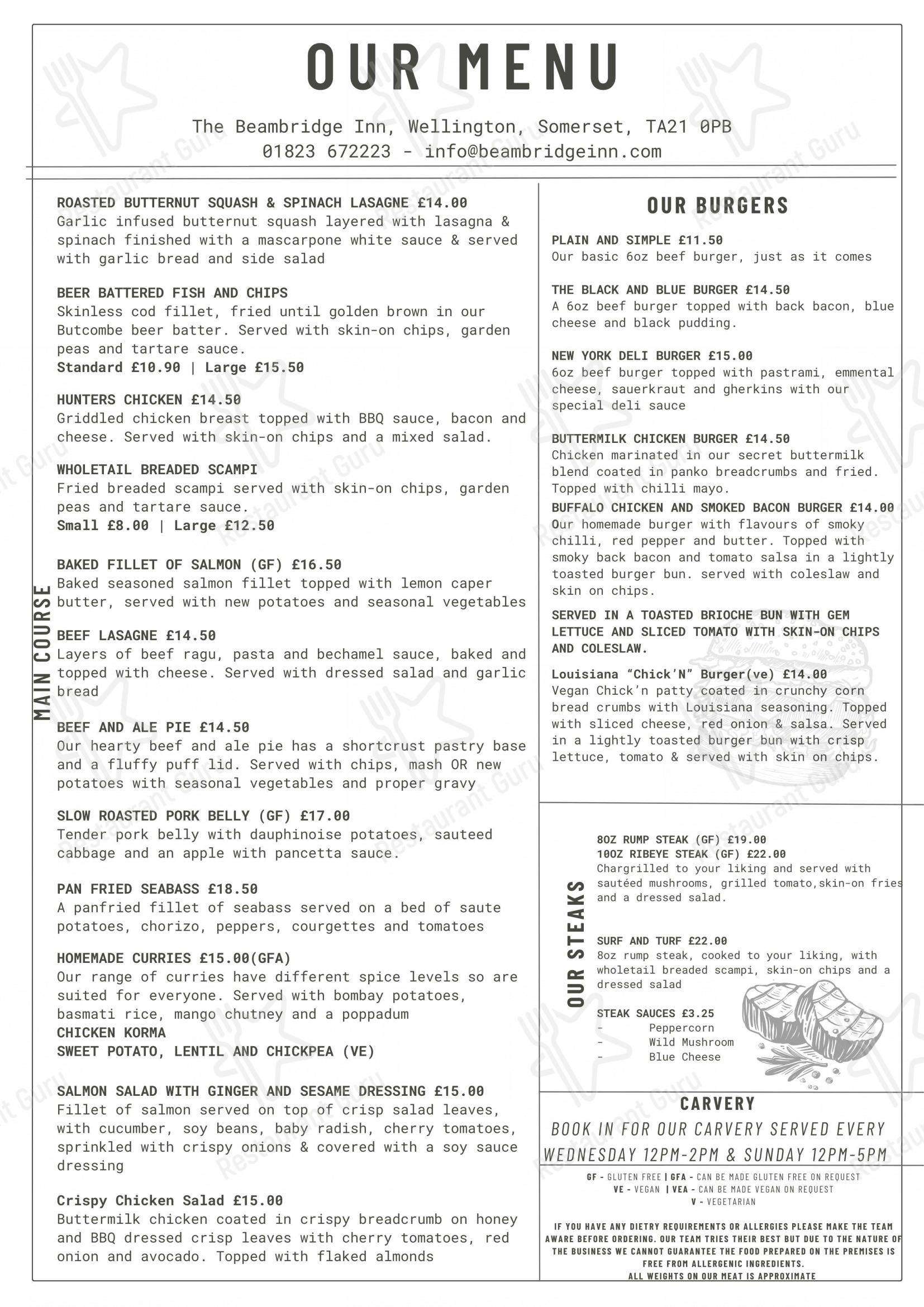 Menu at Beambridge Inn pub & bar, Wellington