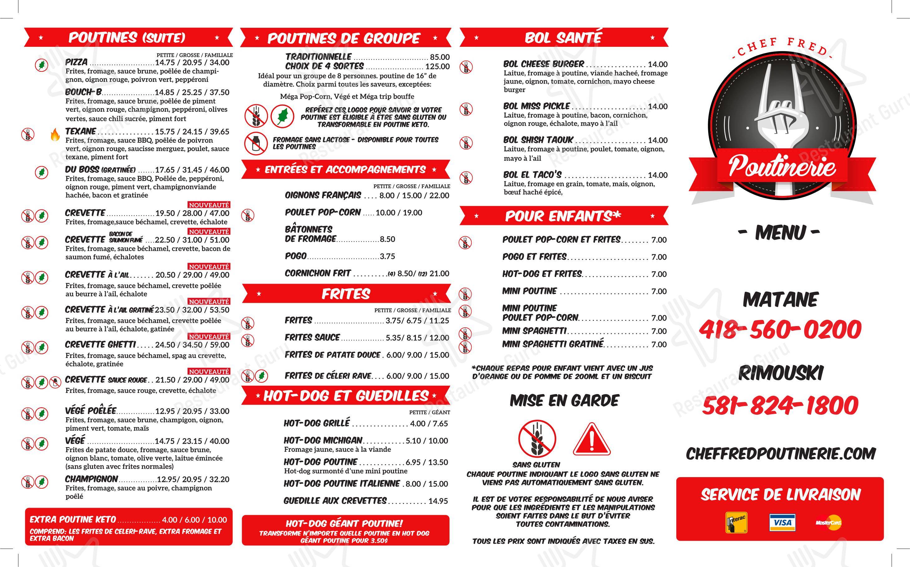 Menu bar pour Chef Fred Poutinerie restaurant