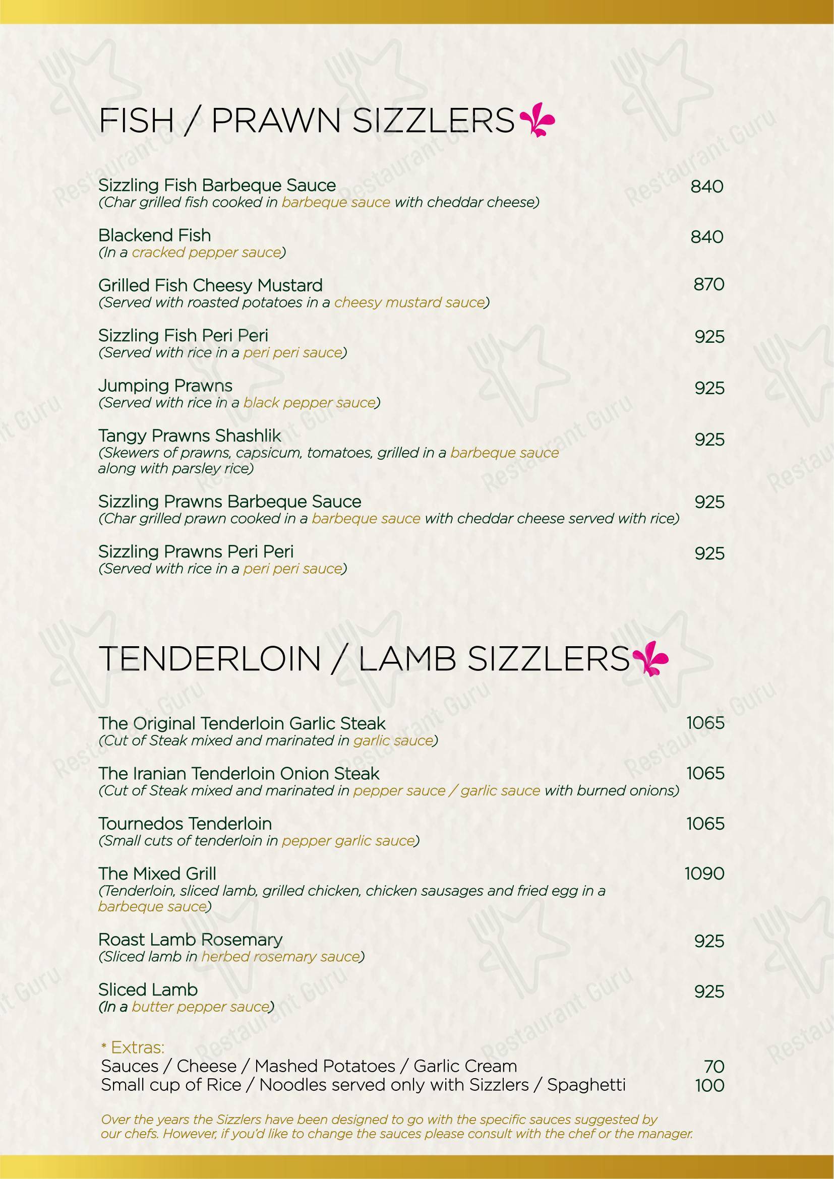 Menu for the Fountain Sizzlers restaurant