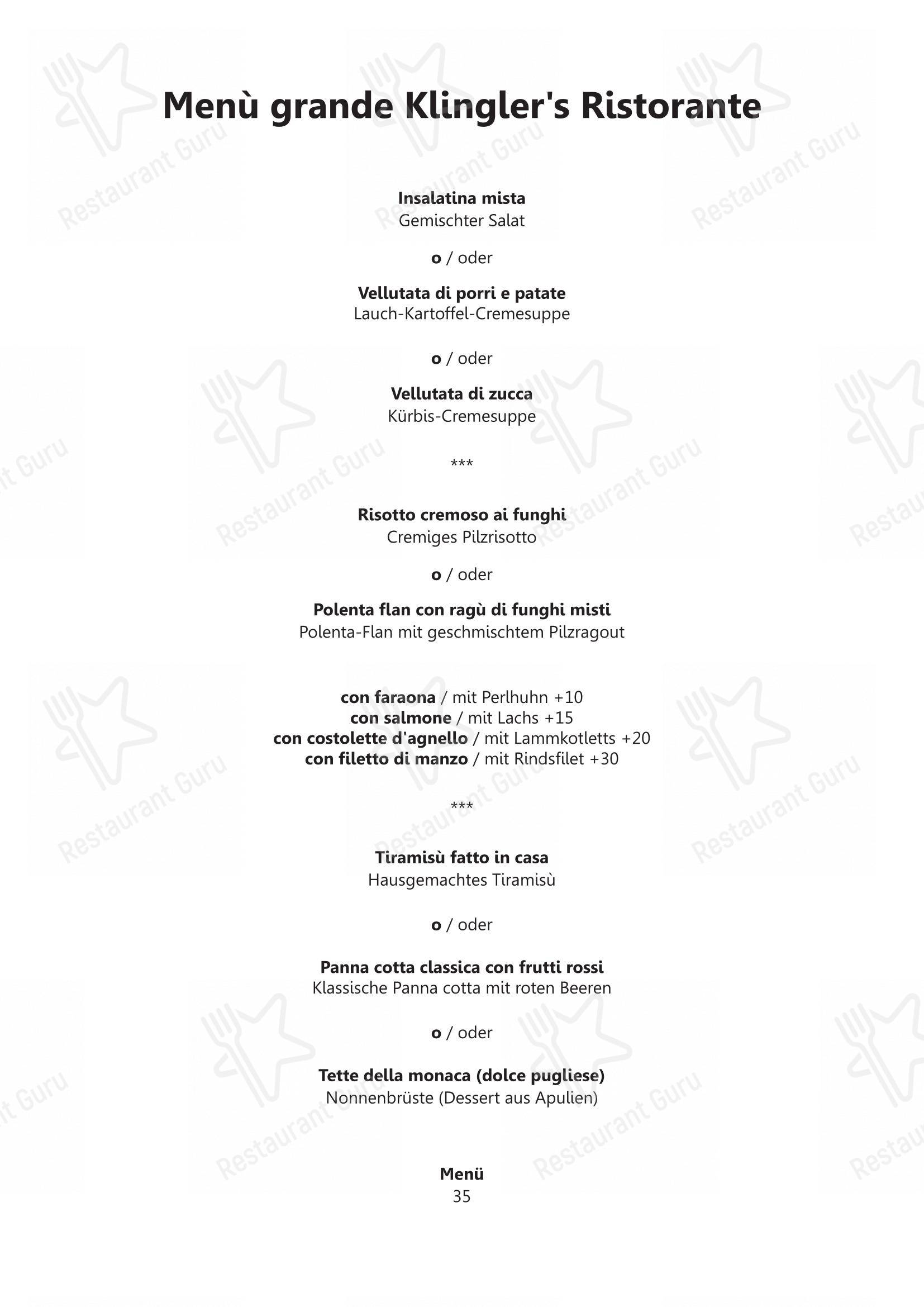 Menu di Klingler's Ristorante Ascona - Основное меню
