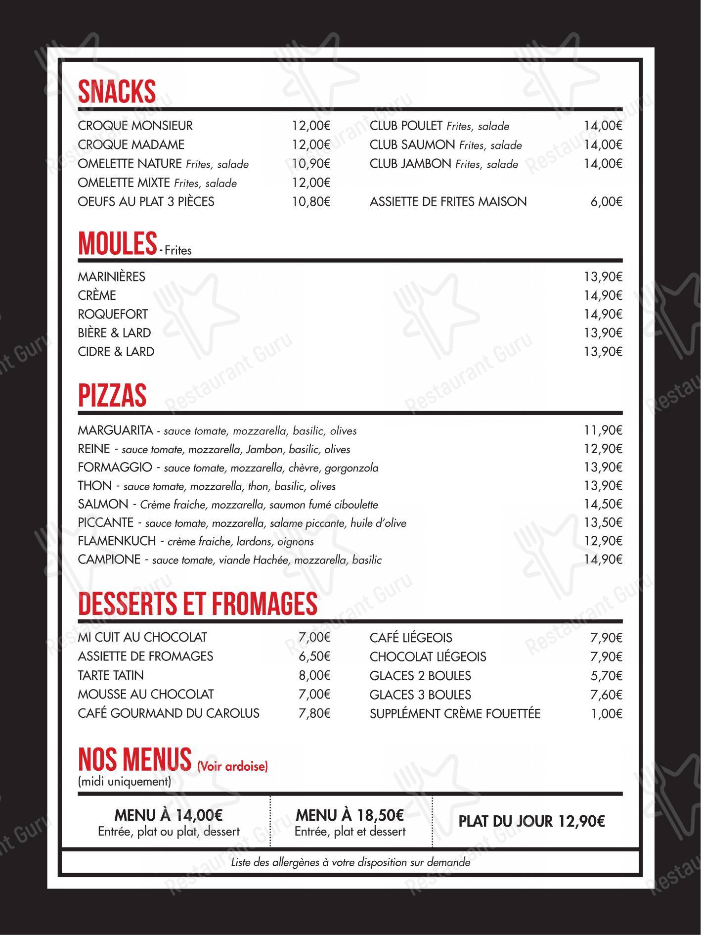 Menu pour Le Carolus - Menu