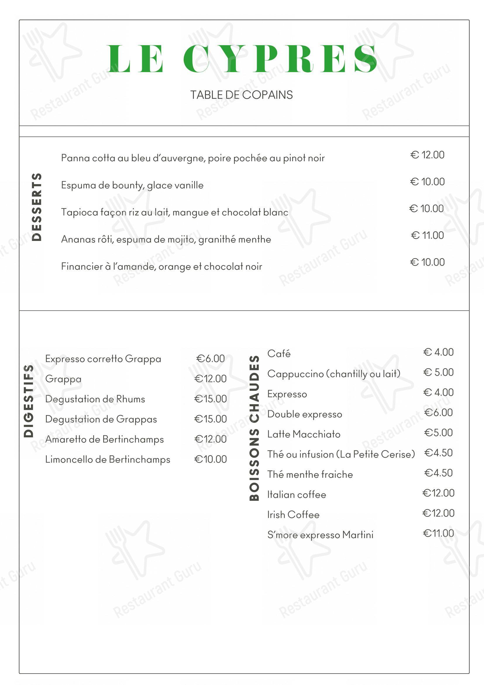 Menu pour Le Cyprès - Menu