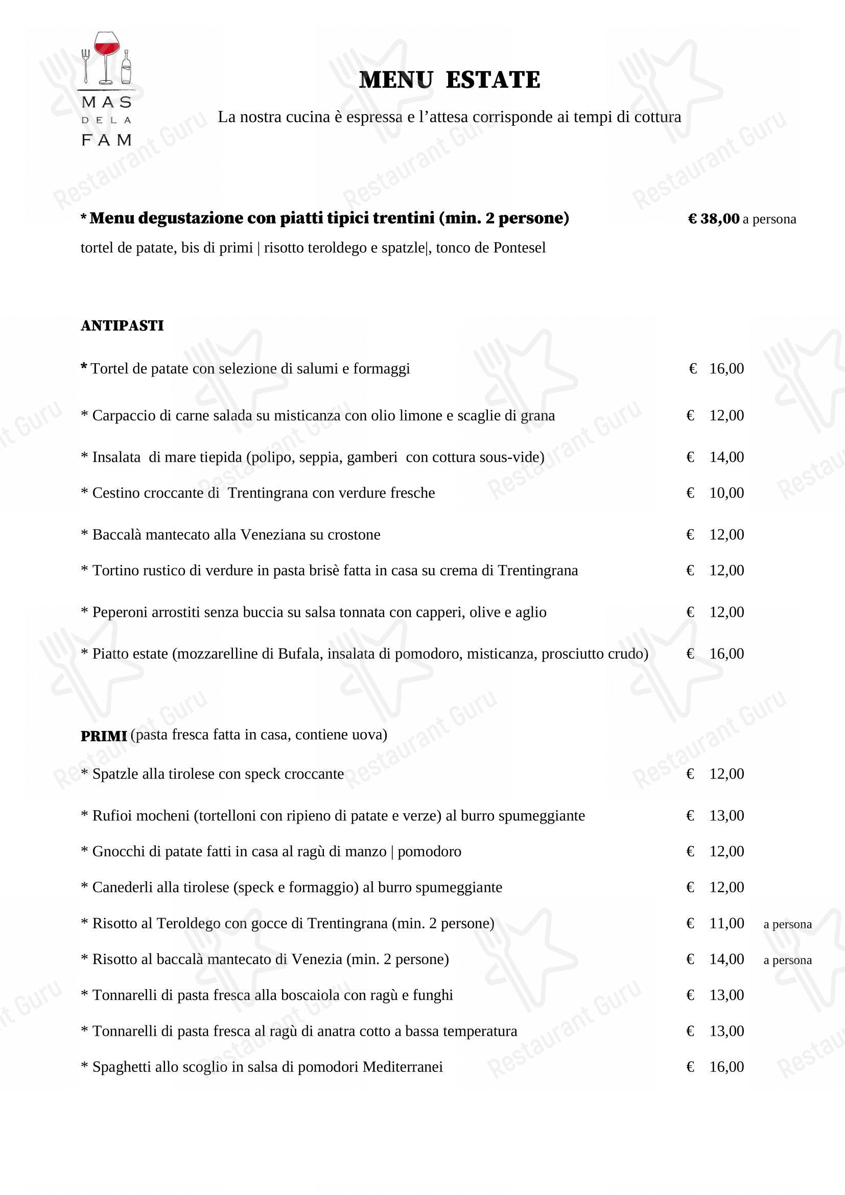 Menu di Ristorante Mas dela Fam - Menu bar