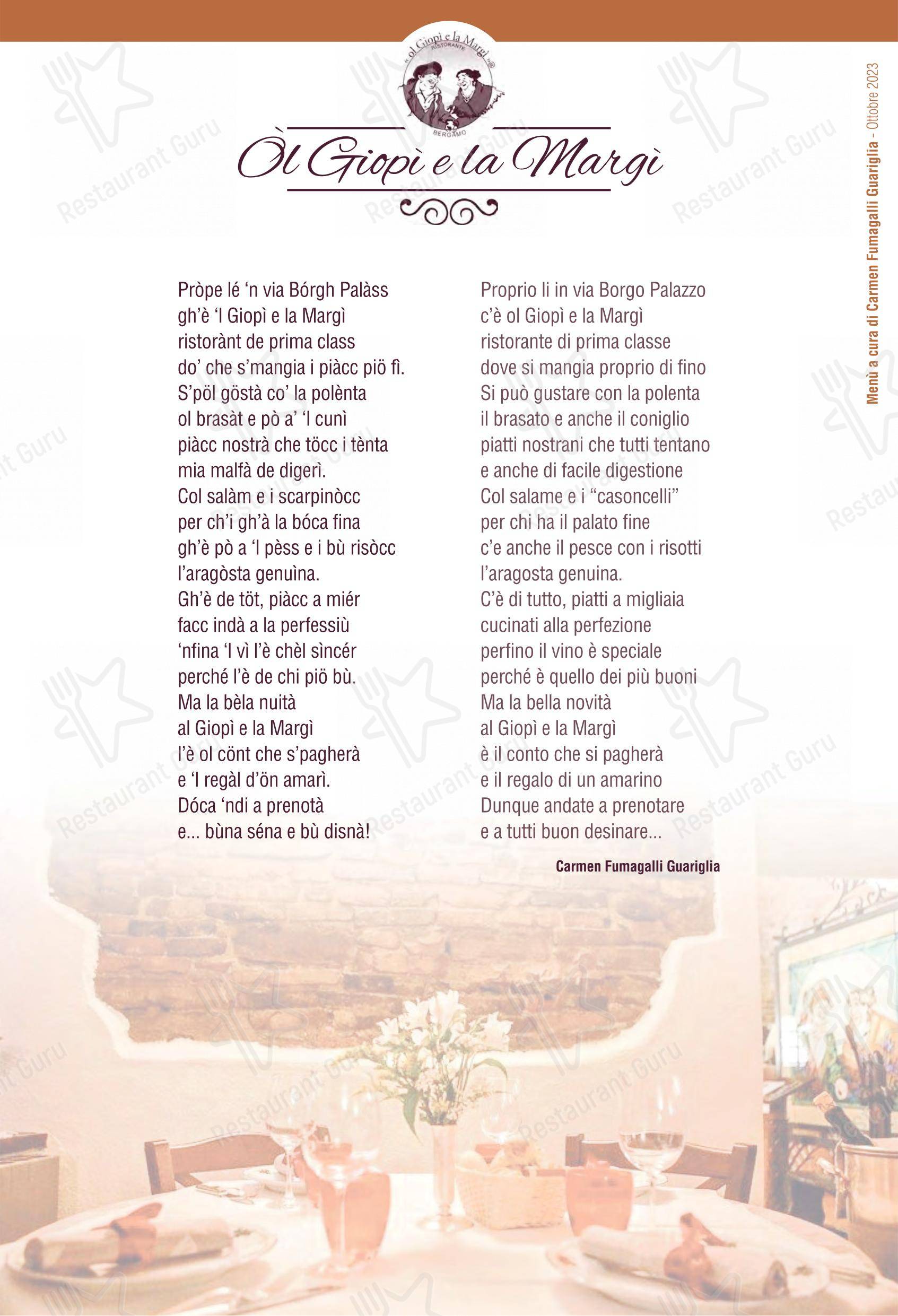 Menu di Ol Giopì e la Margi ristorante tipico bergamasco - Menu