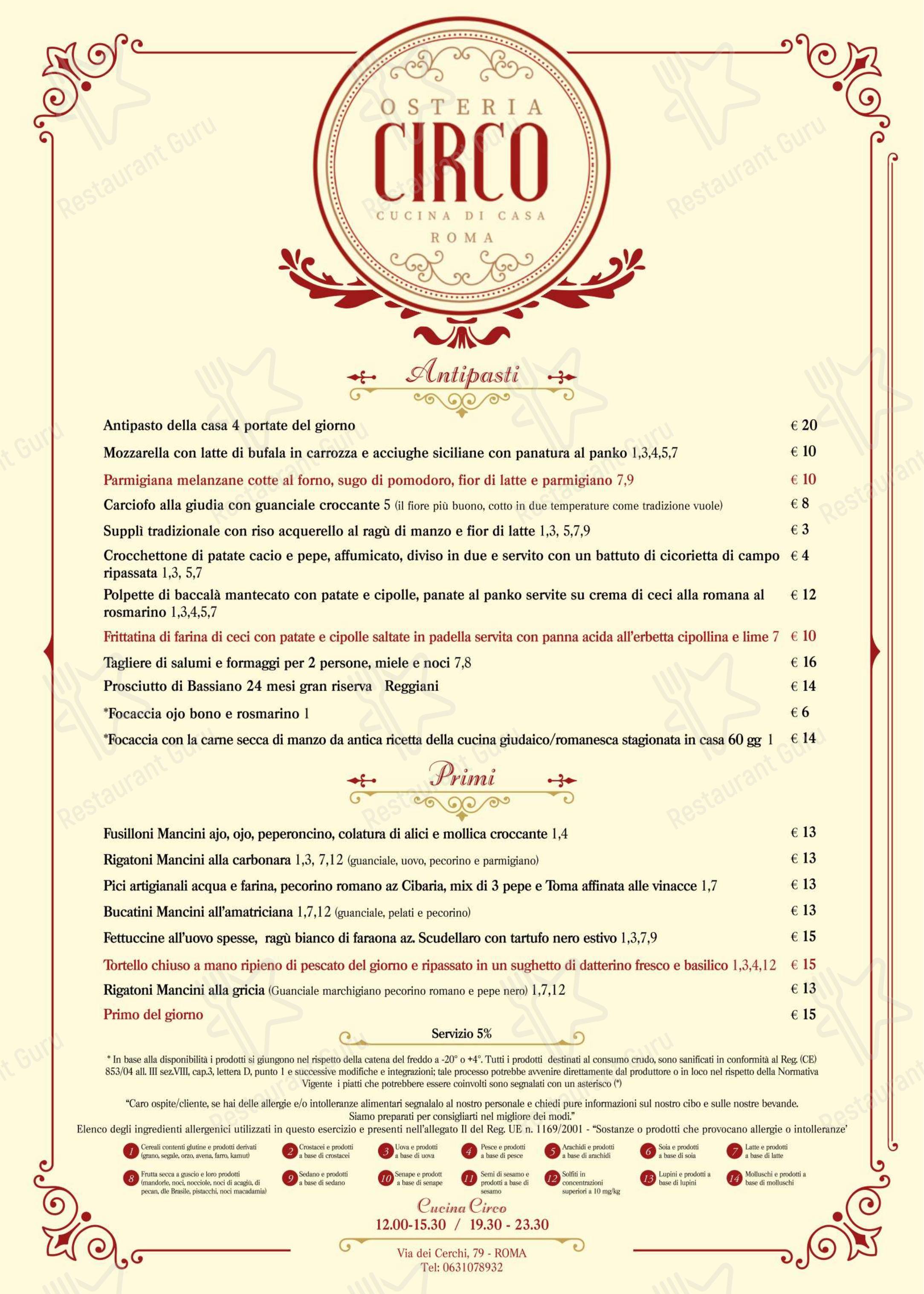 Osteria Circo in Roma - Menu