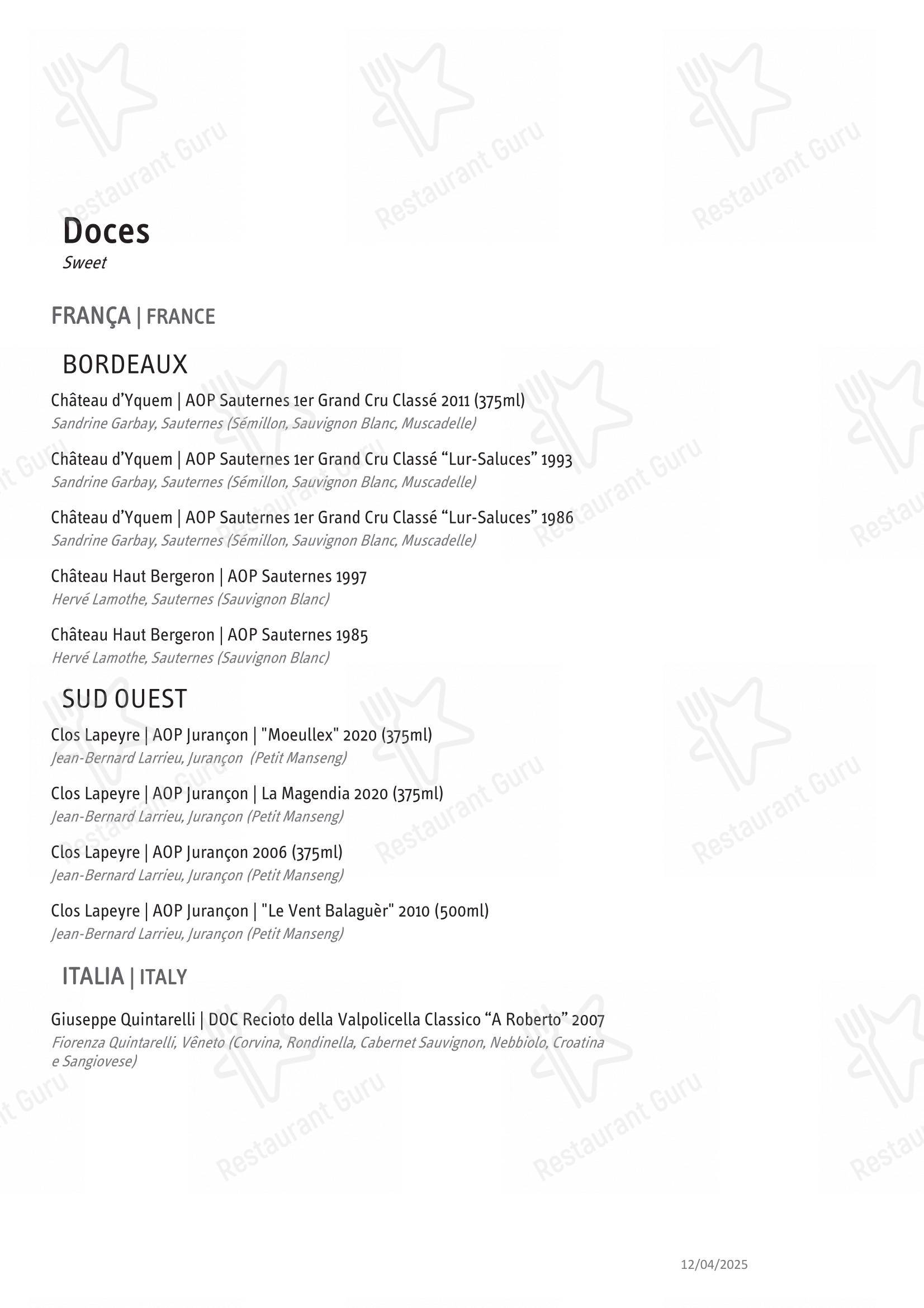 Menu para Oteque em Rio de Janeiro