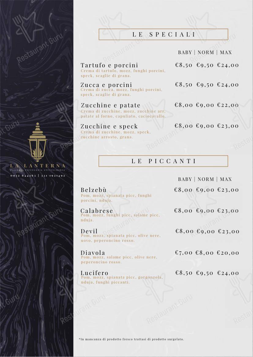 Menu per Pizzeria La Lanterna in Ragusa