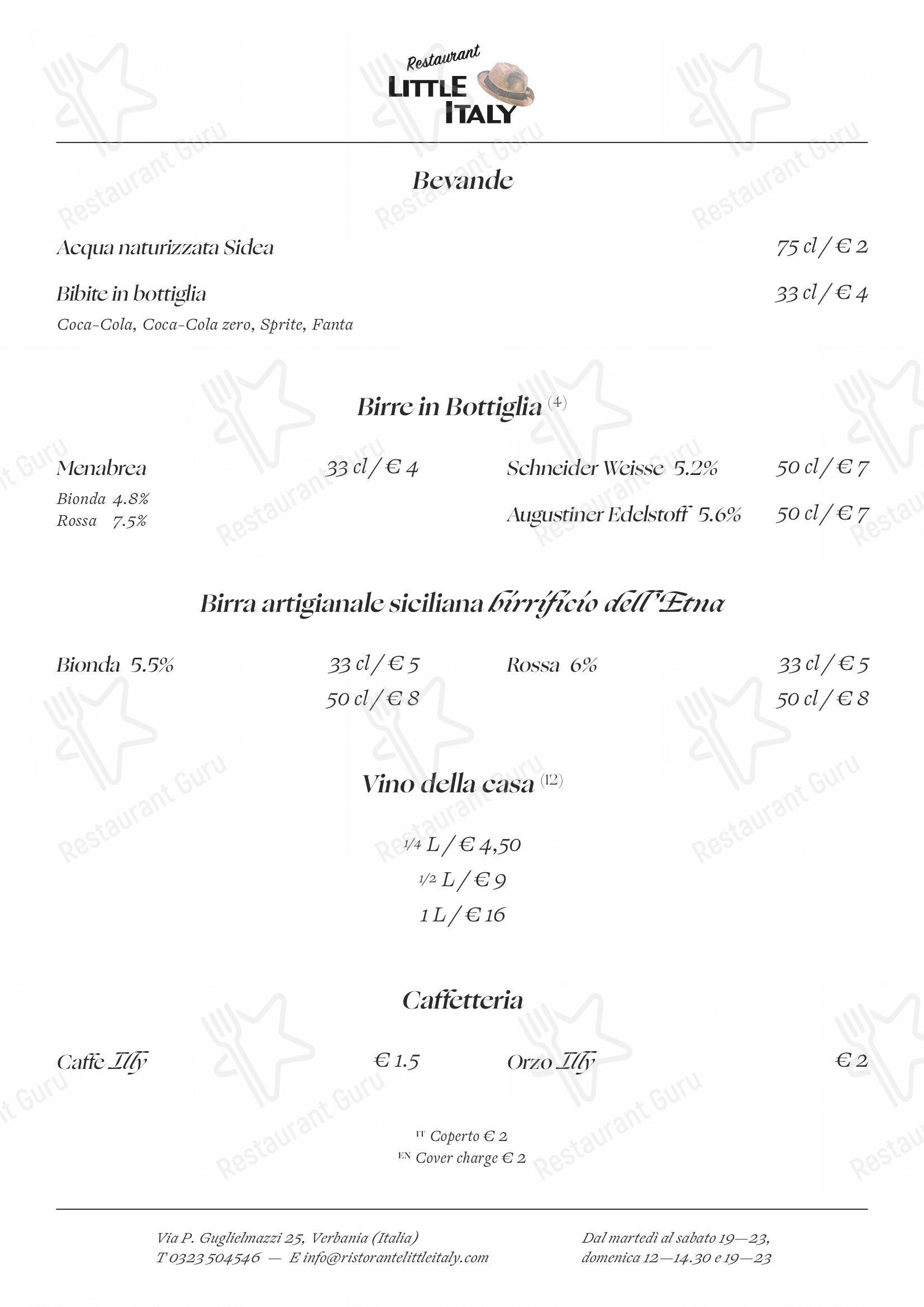 Menu pour Ristorante Little Italy - Menu bar
