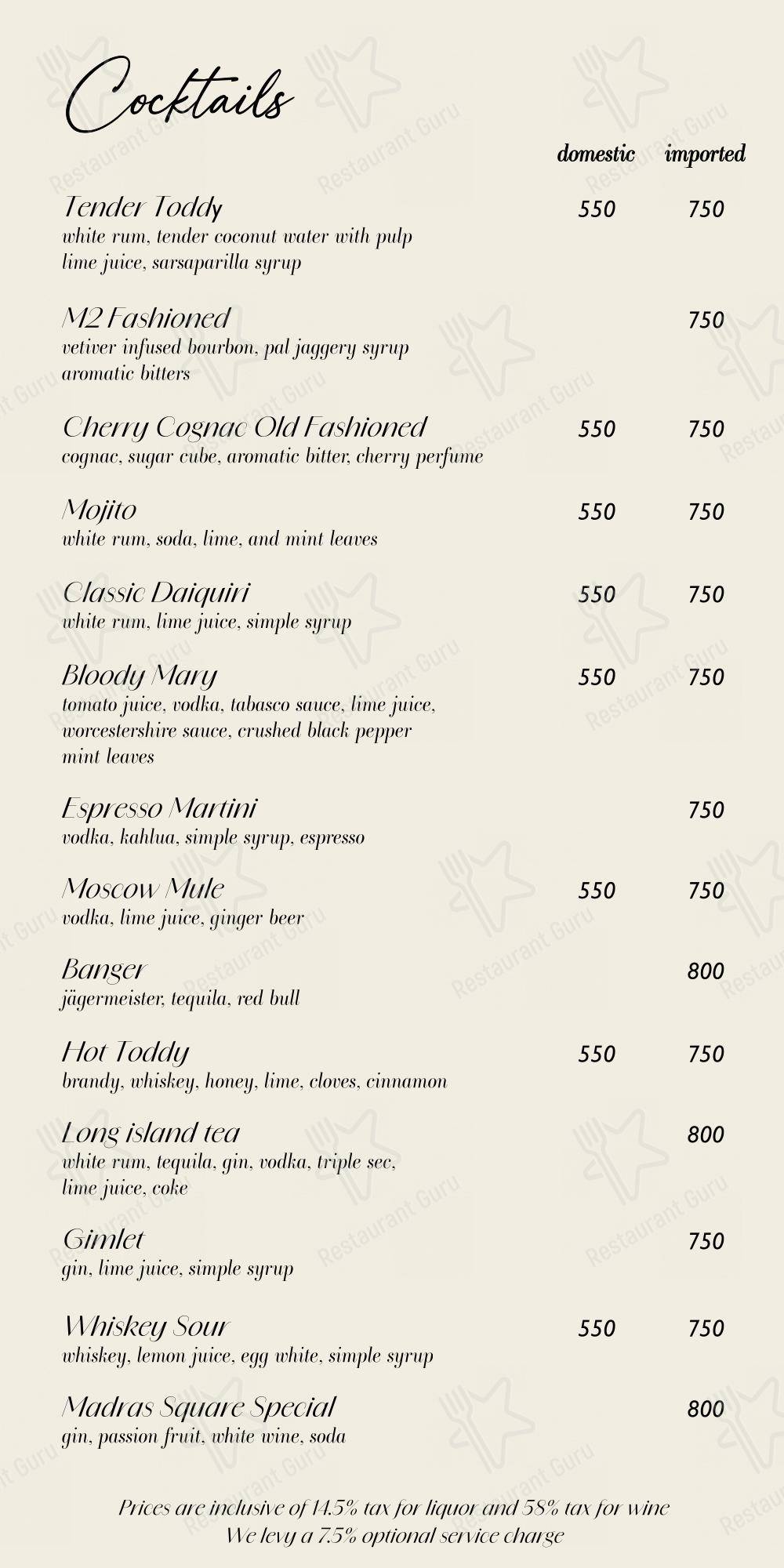 Sterling by Madras Square Restobar in Nungambakkam - Menu bar