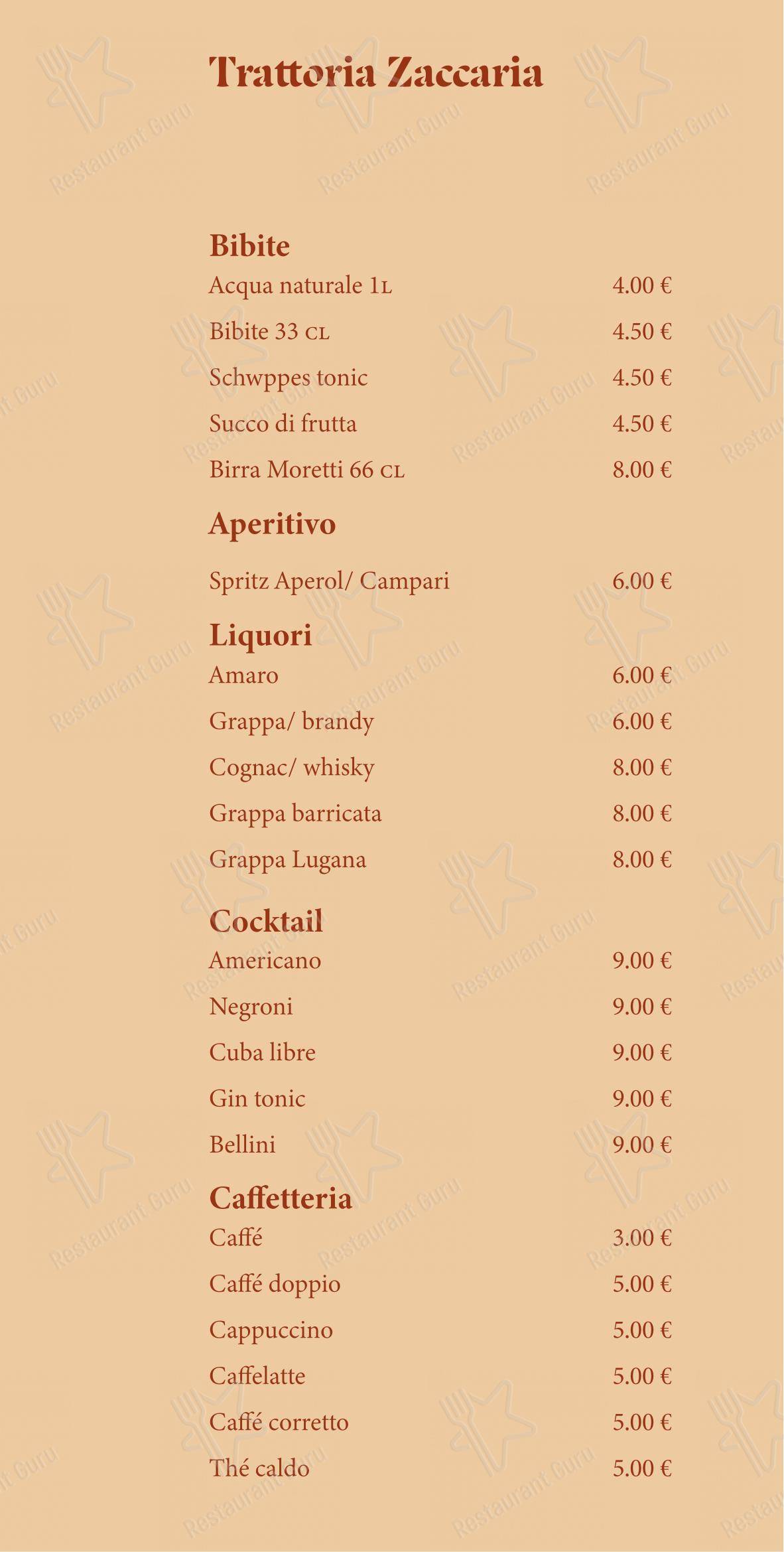 Menu di Trattoria Zaccaria - Menu bar