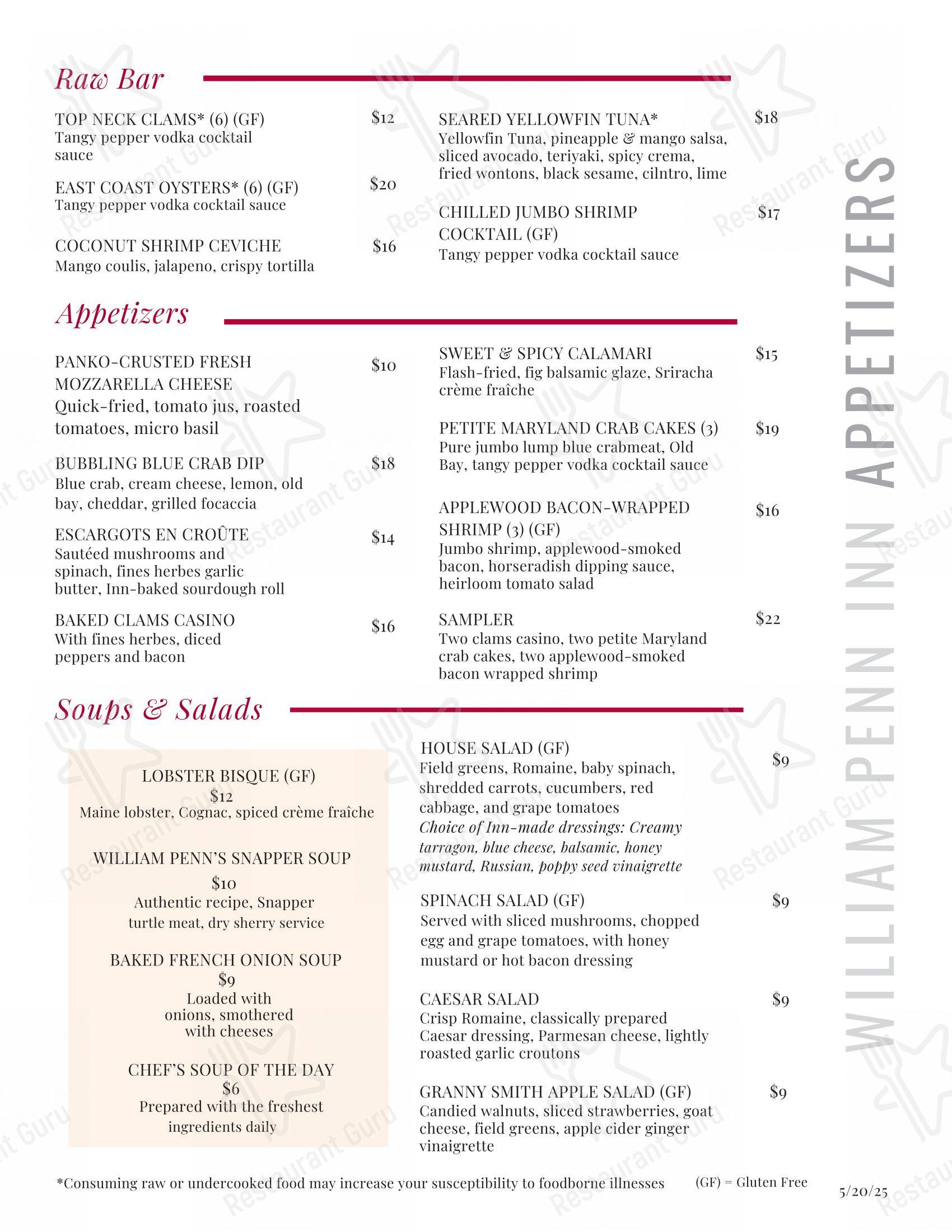 Menu at William Penn Inn restaurant, Gwynedd